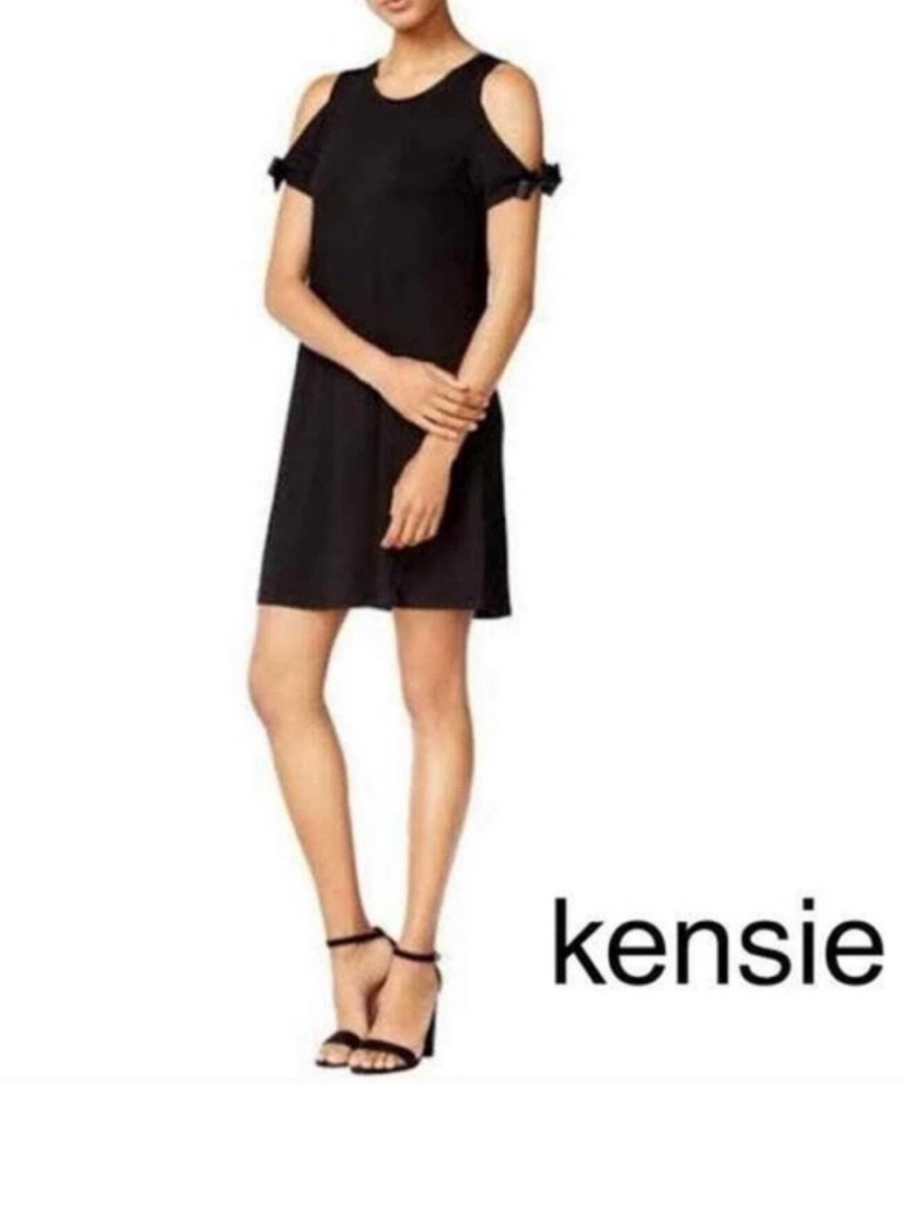 Kensie Black Cold-Shoulder Shift Dress with Sleeve Bows